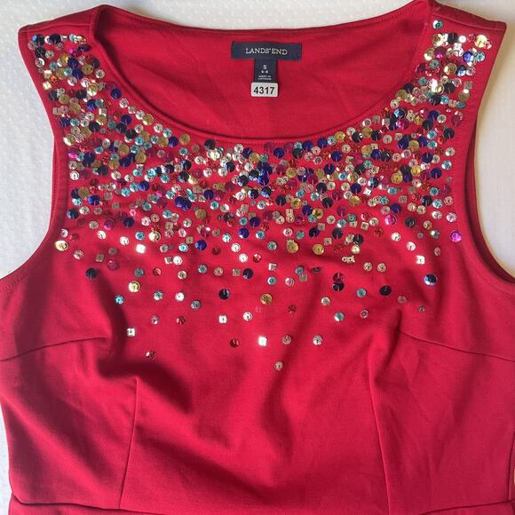 Lands' End Women Midi Dress S (6-8) Red Fit & Flare Sequin Sleeveless Stretch - Picture 9 of 10